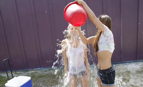 Sultry women Lucy Tyler and Rose Black have lesbian sex outdoor